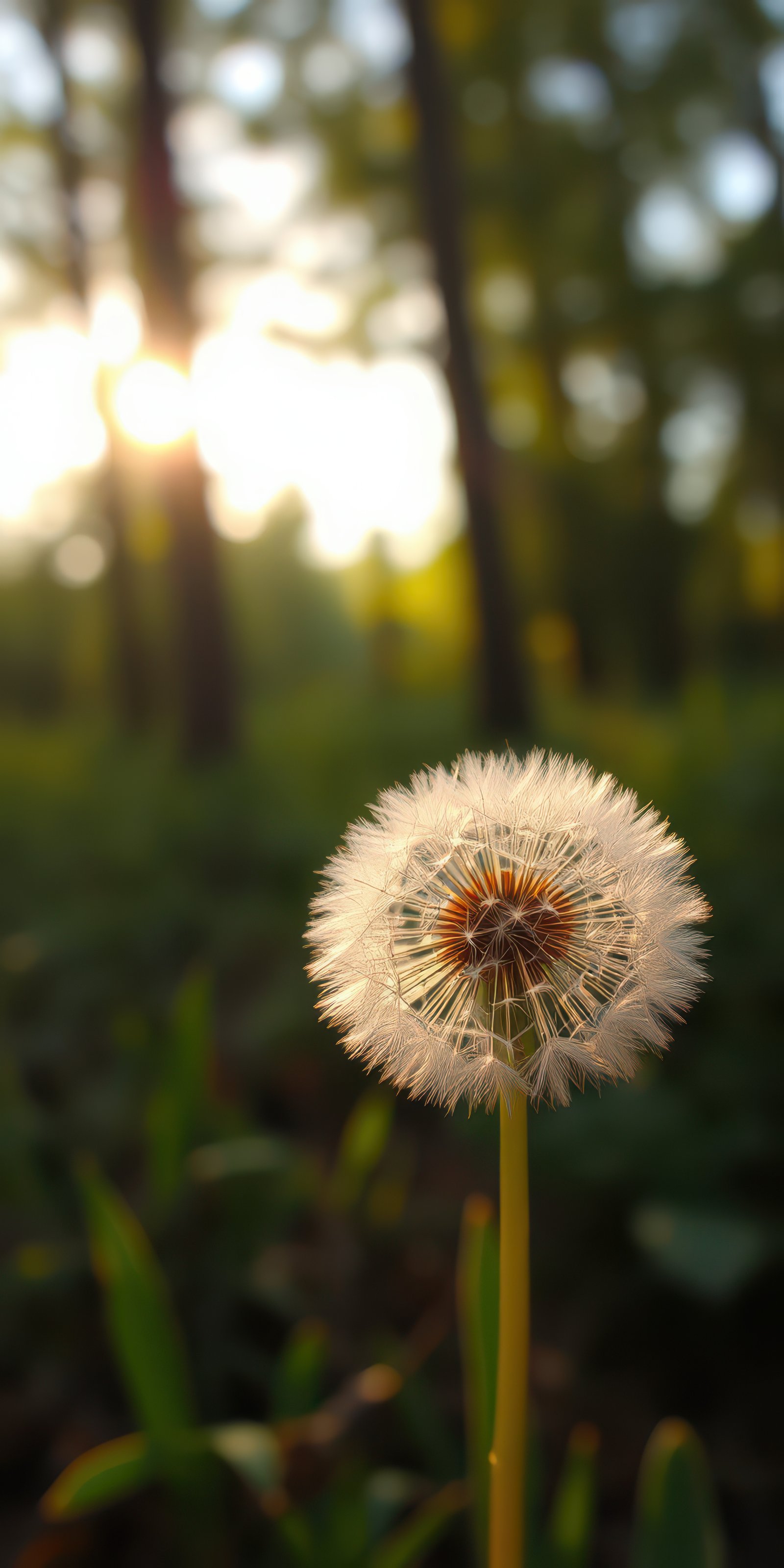 Dandelion puff in a sunlit forest captures the essence of summer in the early morning